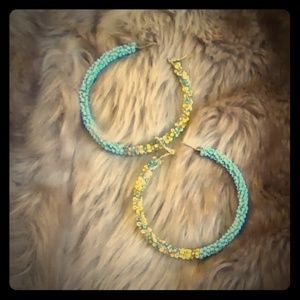 Baby Blue + Yellow + Tan Hoop Earrings NWT